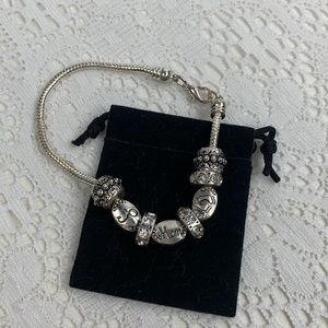 Silver Charm Snake Bracelet 8 charms Mom Baby feet Rhinestones Hook Clasp 8”
